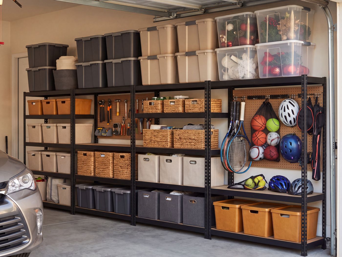 Organized garage shelving in zones with the car back inside
