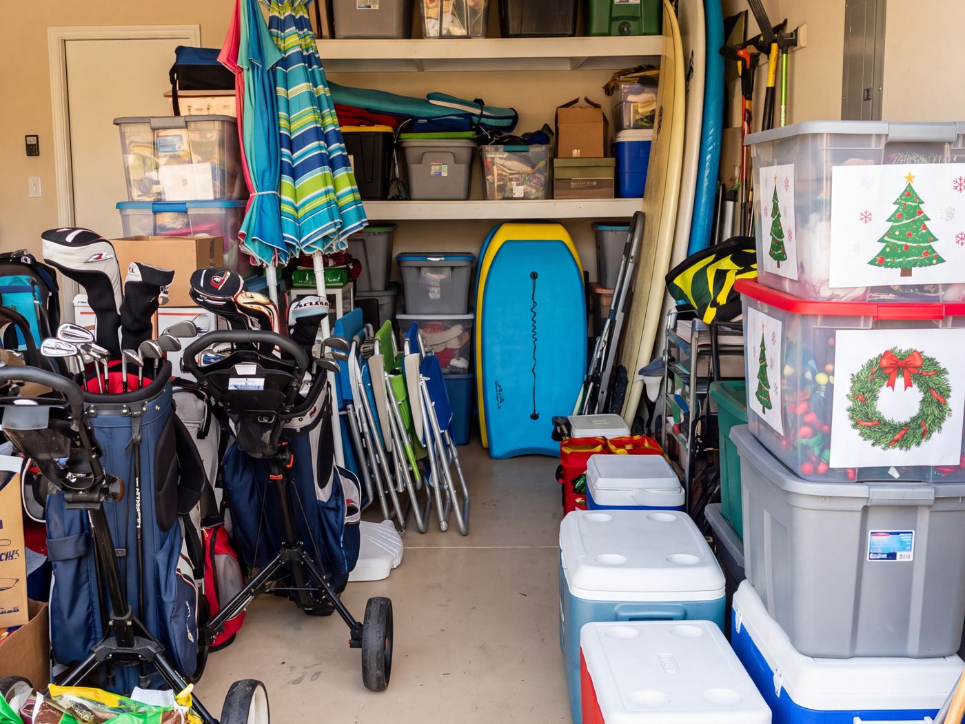 Garage overflowing with coolers, gear and holiday storage before the crew arrived