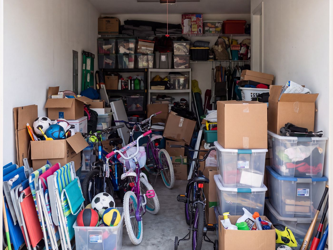 Packed South Florida garage before Sort Squad — boxes, bikes and clutter to the ceiling