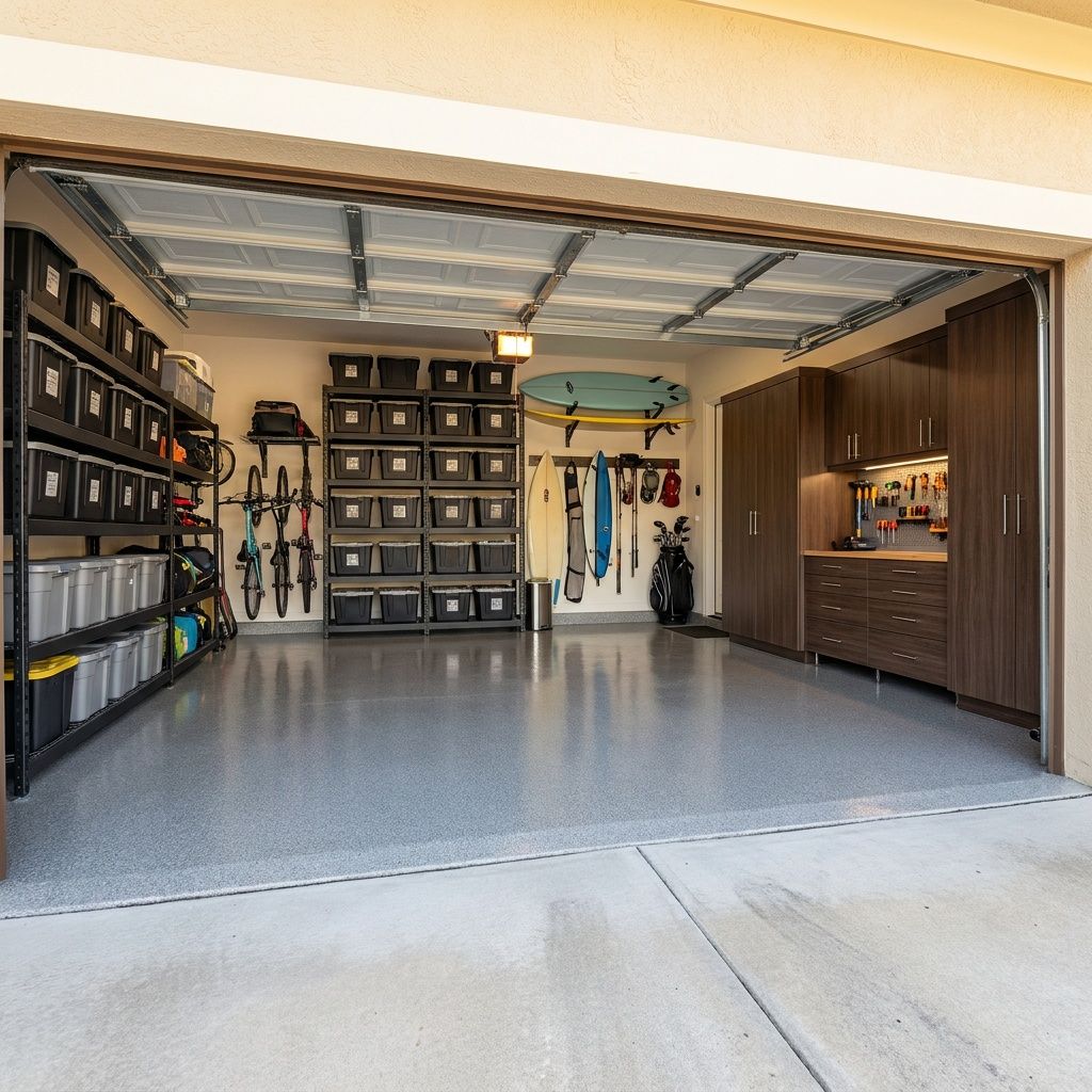 Organized garage after a Sort Squad visit — doors up, clear floor, everything on shelves
