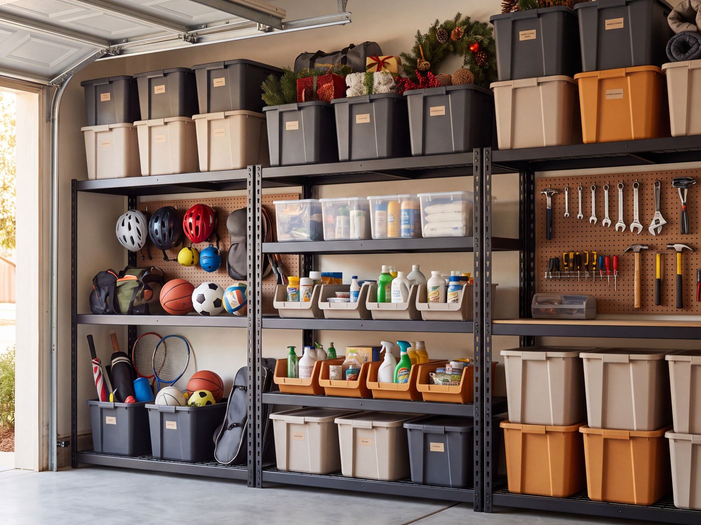 Organized garage shelving with labeled bins after a Sort Squad visit