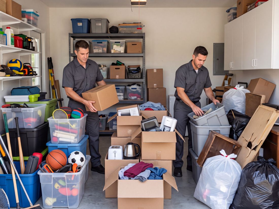 Sort Squad crew sorting a garage into keep, donate and gone
